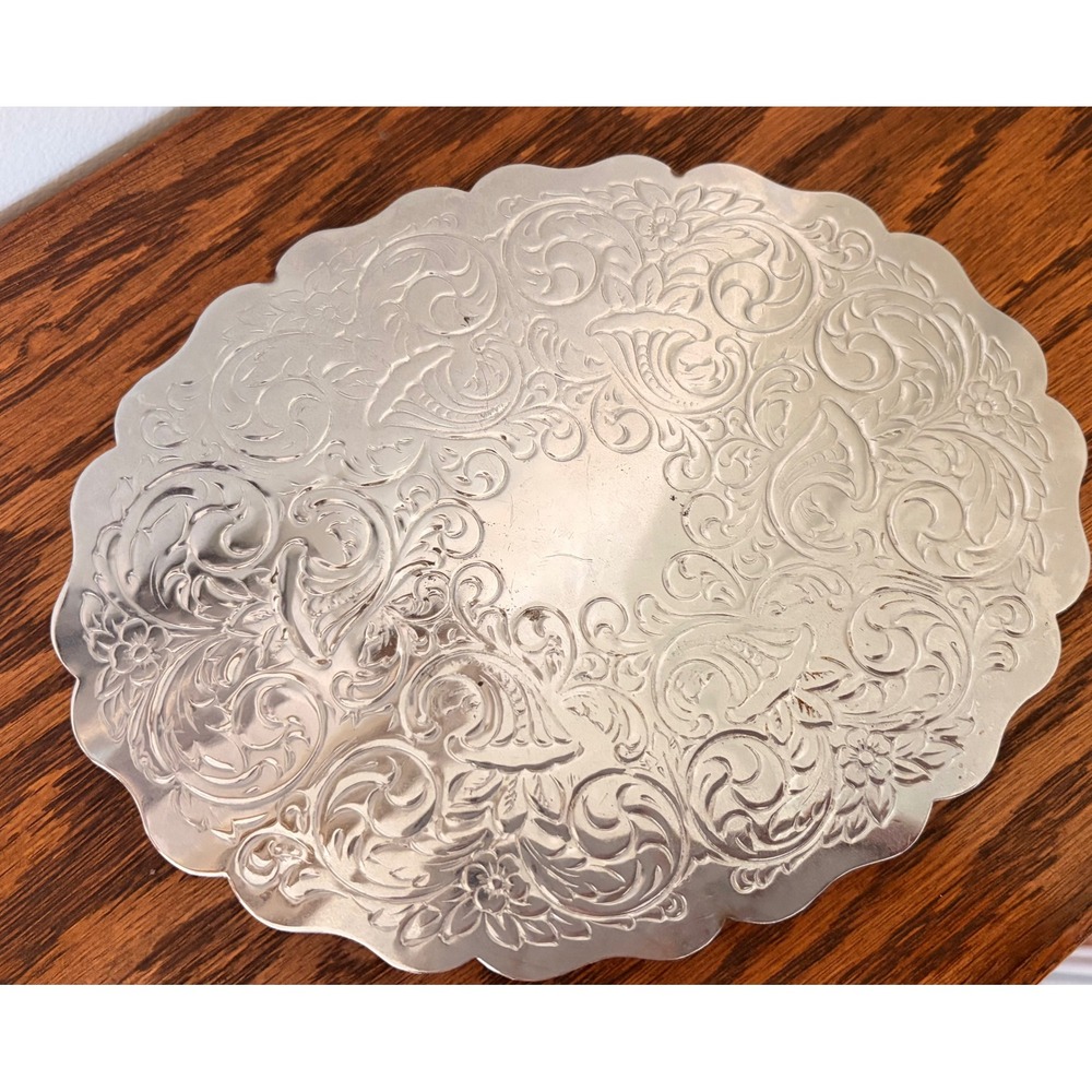 Vintage Silver Plated Footed Trivet Floral Embossed Scalloped Oval Vanity Tray